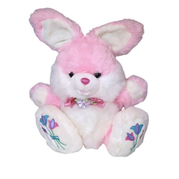 Vintage TB Toy Trading Pink Easter Bunny Rabbit Hoppy Hopster Tulips Plush 15" - Picture 1 of 7